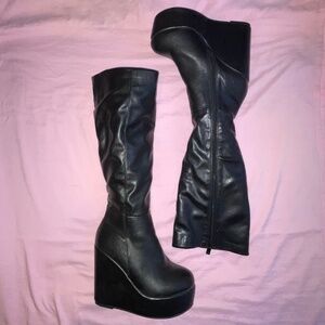 Black Knee High Platform Wedge Boots